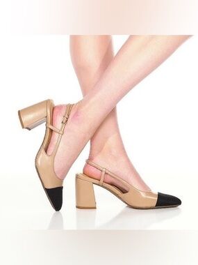 Ann Taylor Brinlee Beige and Black Two-Tone Slingback Block Heel